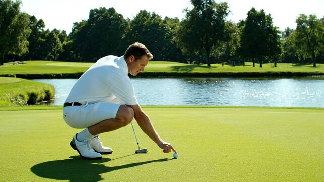 Golfer lines up putt near water.