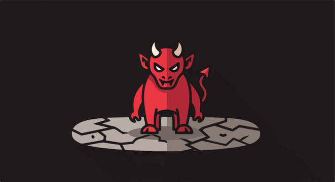Red devil creature with horns and a tail standing on cracked ground