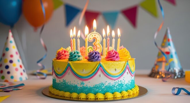 Brightly decorated birthday cake with lit candles and festive party decorations for a third birthday celebration.