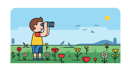 Obraz premium A child explores nature with binoculars in a field of flowers