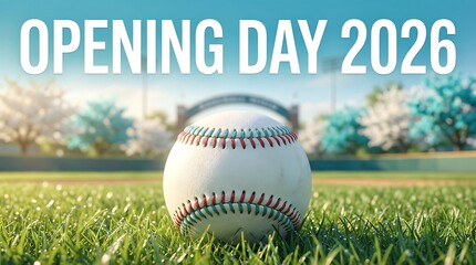 Naklejka premium Baseball on grass field with opening day 2026 text overlay on blue sky background with trees