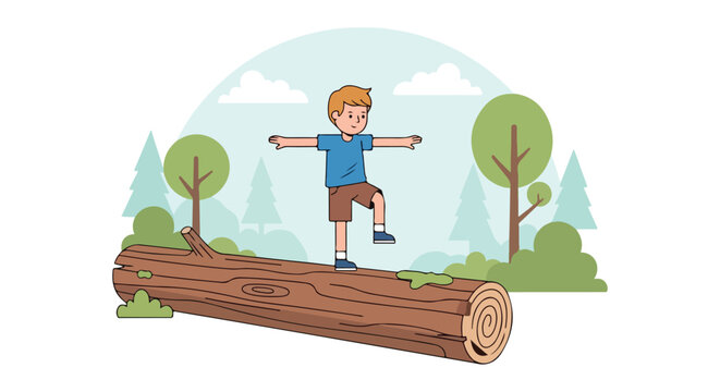 A young boy with arms outstretched balances on a fallen log amidst stylized trees and clouds