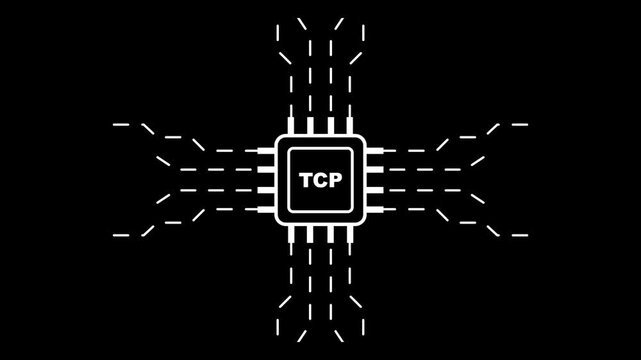 white t c p chip microprocessor on black background with neon outline microchip