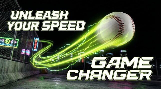Baseball with green light trail and text unleash your speed game changer on a dark background with scoreboard