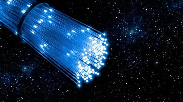 A bundle of glowing blue fibers against a starry night sky background