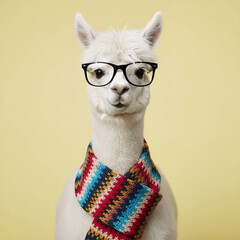Obraz premium Stylish hipster alpaca portrait wearing trendy black glasses and a colorful knitted wool scarf on yellow background
