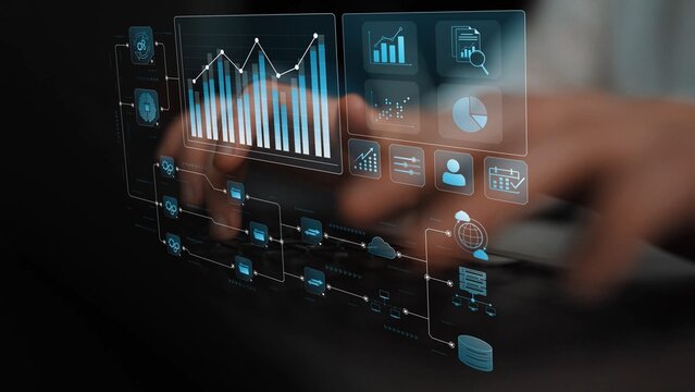 Data flow from database and cloud to processing and analytics dashboards, representing data analysis, automation, insight generation, and digital intelligence Marrow