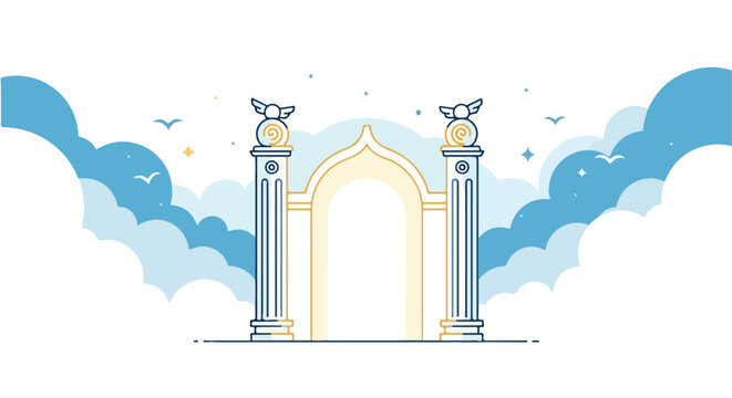 Stylized gateway with winged statues atop pillars, amidst clouds and stars