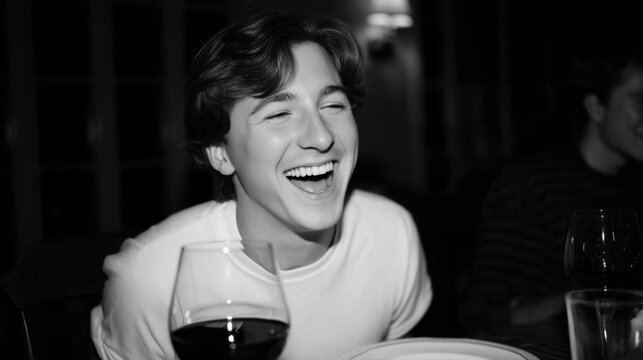 Black and white photograph of a young man sitting at a table with a glass of wine in front of him. he is wearing a white t-shirt and has a big smile on his face, showing his teeth.