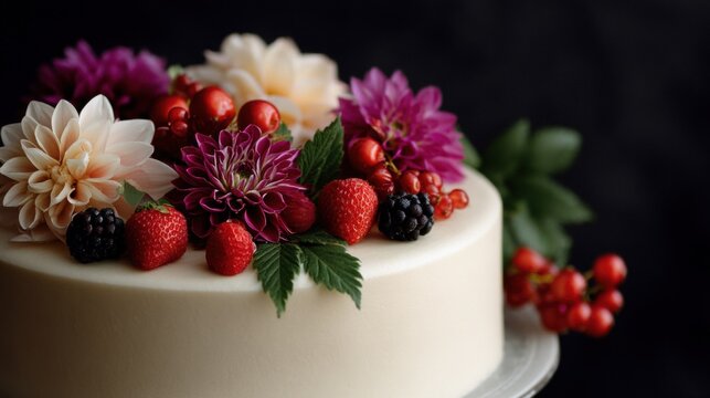 The image is of a round cake with a white frosting. the cake is placed on a white cake stand and is decorated with fresh flowers and berries.