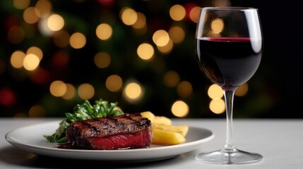 Naklejka premium Plate of food and a glass of red wine on a table. the plate is white and has a piece of steak on it. the steak appears to be cooked medium-rare and is garnished with a sprig of green herbs.