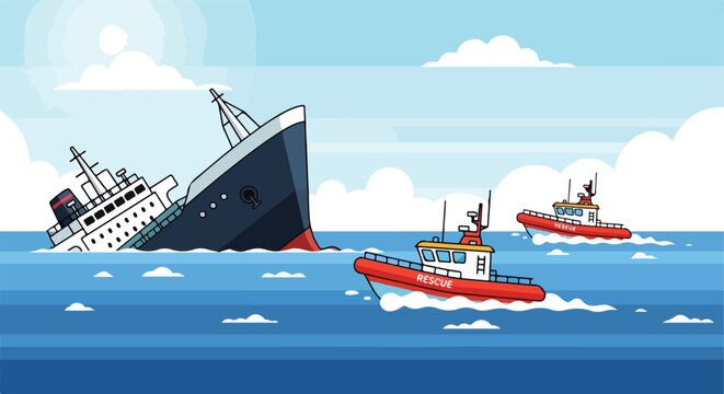 A sinking ship is aided by two rescue boats on a blue ocean