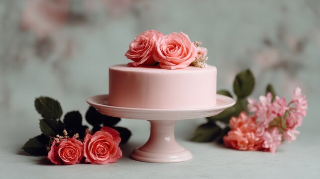 The image is of a three-tiered pink cake on a white cake stand. the cake is square in shape and has a smooth texture.