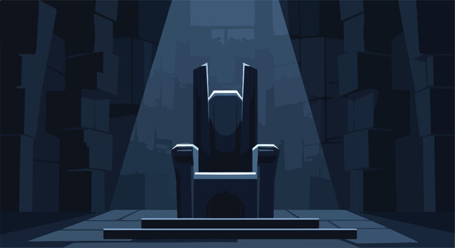 A solitary dark throne sits on a dais in a dimly lit stone chamber