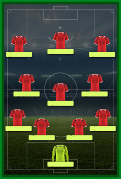 Football formation lineup infographic with red jerseys and player name tags, 3d rendering.