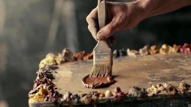 Flat Brush Spreading Beige Paint on Wooden Artist Palette