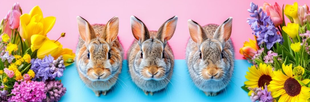 Three cute rabbits sitting between colorful spring flowers on a pink and blue background. Easter holiday greeting card with fluffy animals. Decorative seasonal spring nature composition.