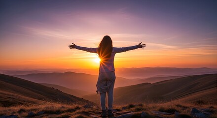 Fototapeta premium Silhouette of a woman raising her arms toward the sunset sky, expressing freedom, happiness, and emotional peace in nature.