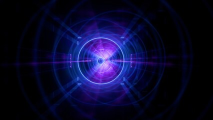 Obraz premium Futuristic Blue and Purple Neon Portal Background with Geometric Lines, Sci-Fi Cyber Tunnel Overlay and Glowing Light Leaks Effect