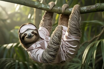 Fototapeta premium Sloth hanging upside down from a tree branch in the rainforest