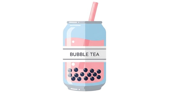 A refreshing, pastel-hued drink in a transparent can. The sweet beverage includes round tapioca pearls. A pink straw sticks out