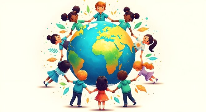 Celebrating earth day unity diverse group of people embracing the globe