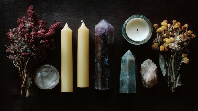 Flat lay of various objects arranged on a black background. on the left side of the image, there is a bunch of dried flowers with pink and red petals.