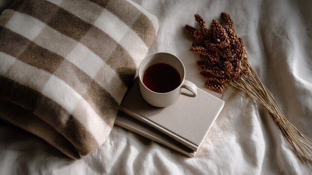 White bedsheet with a beige and white checkered pillow on the left side. on the right side, there is a small bouquet of dried flowers and a white mug of black tea on top of a stack of books.