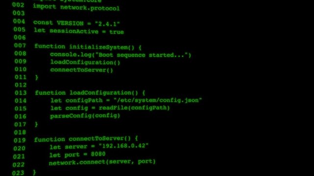 Neon green retro programming code lines background video 4k 30fps