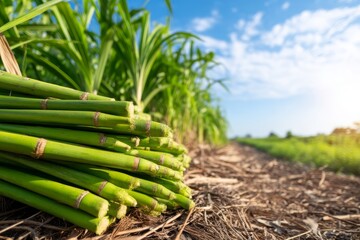 Fototapeta premium Sugarcane Harvest in Tropical Field Under Bright Blue Sky with Lush Green Plants