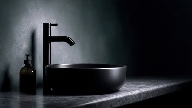 Modern bathroom sink with a black faucet and a black vessel sink. the sink is placed on a grey countertop with a dark grey wall in the background.