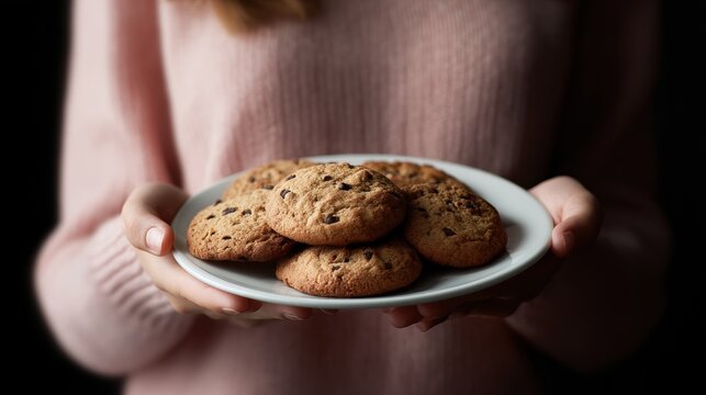 Person holding a plate of freshly baked cookies in their hands. the plate is white and round, and the cookies are golden brown and appear to be chocolate chip cookies.