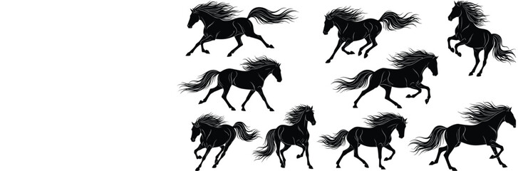 Majestic Wild Horse Silhouette Vector Set Featuring Galloping Stallions with Flowing Manes and Tails for Professional Equestrian Graphic Design © NR