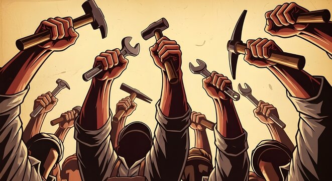 Multiple strong arms are raised high, clutching various work tools like hammers, wrenches, and a pickaxe, symbolizing powerful collective action, labor solidarity, and the unwavering strength of a uni