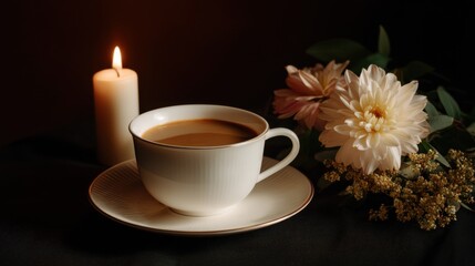 Obraz premium White cup of coffee on a saucer with a single white candle on the left side. the cup is filled with a dark brown liquid, possibly coffee, and is placed on a black surface.