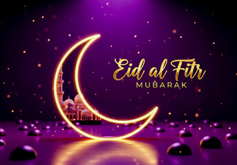 Fototapeta premium Purple Night Eid al Fitr Mubarak Crescent Moon Background