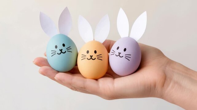 Close-up of hand holding three pastel eggs decorated as bunny faces with paper ears on light background, symbolizing Easter creativity, fun crafts and festive mood.