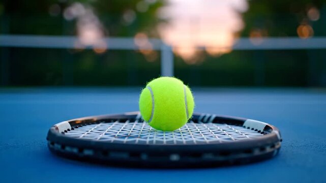 Tennis ball on racket with court.