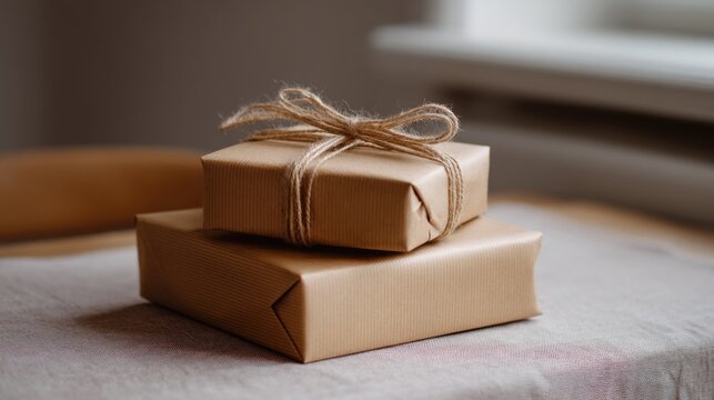 Two small gift boxes stacked on top of each other on a white tablecloth. the boxes are made of brown cardboard and are tied together with a twine.