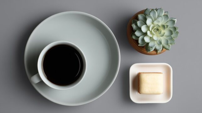 Flat lay of a table setting with a cup of black coffee on a light blue saucer, a small square plate with a slice of cake on it, and a small succulent plant in a wooden pot.