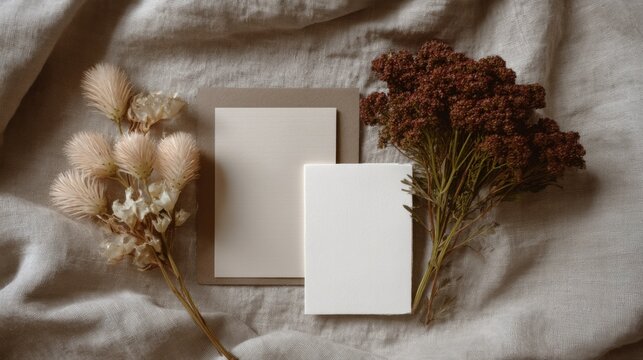 Flat lay of three objects on a beige fabric background. on the left side of the image, there is a bouquet of white flowers with long, thin stems.
