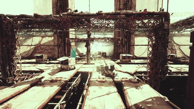 empty industrial bridge with train tracks, sunlit gritty concrete and rusted gantries, parked truck and graffiti, distant skyline and shallow depth, slow dolly