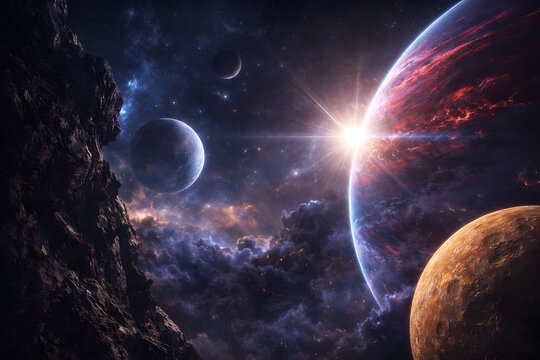 Cosmic Expanse with Bright Starburst Light and Celestial Bodies
