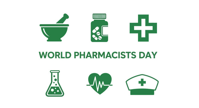 Green icons related to pharmacy including mortar pills cross flask heart rate and hat