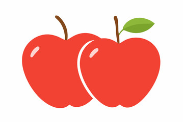 Fototapeta premium Two bright red apples with glossy highlights and green leaf in a clean flat style. Fresh fruit vector illustration with healthy snack and farm produce concept for food branding.