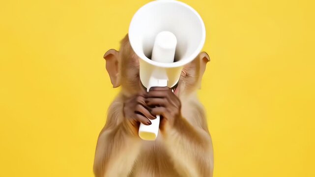 Adorable Monkey Shouting Through Megaphone on Bright Yellow Background