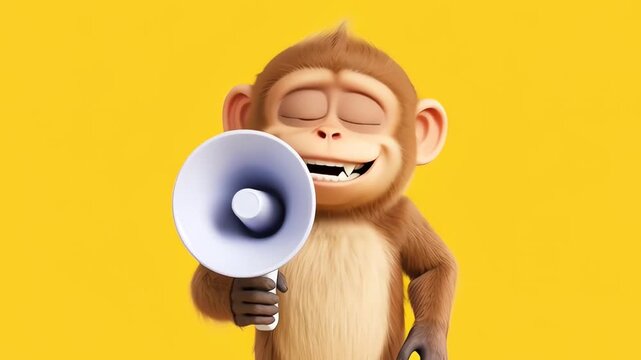 3D Cartoon Monkey Shouting into Megaphone on Yellow Background