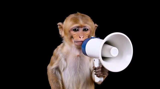 Cute baby monkey holding a megaphone on a black background