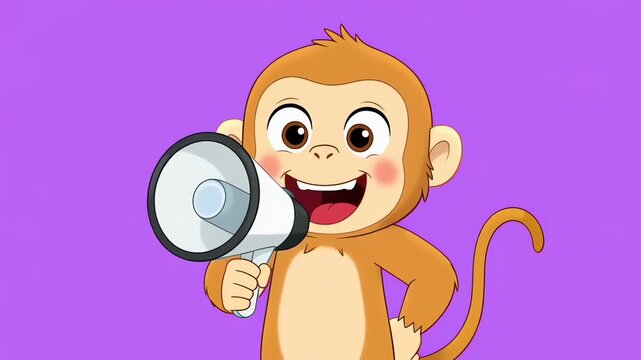 Cute Cartoon Monkey Shouting into Megaphone on Purple Background