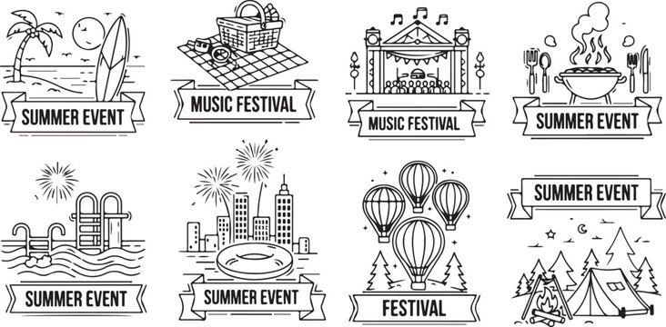 Illustrations of various summer events and festivals with a vintage aesthetic Vector